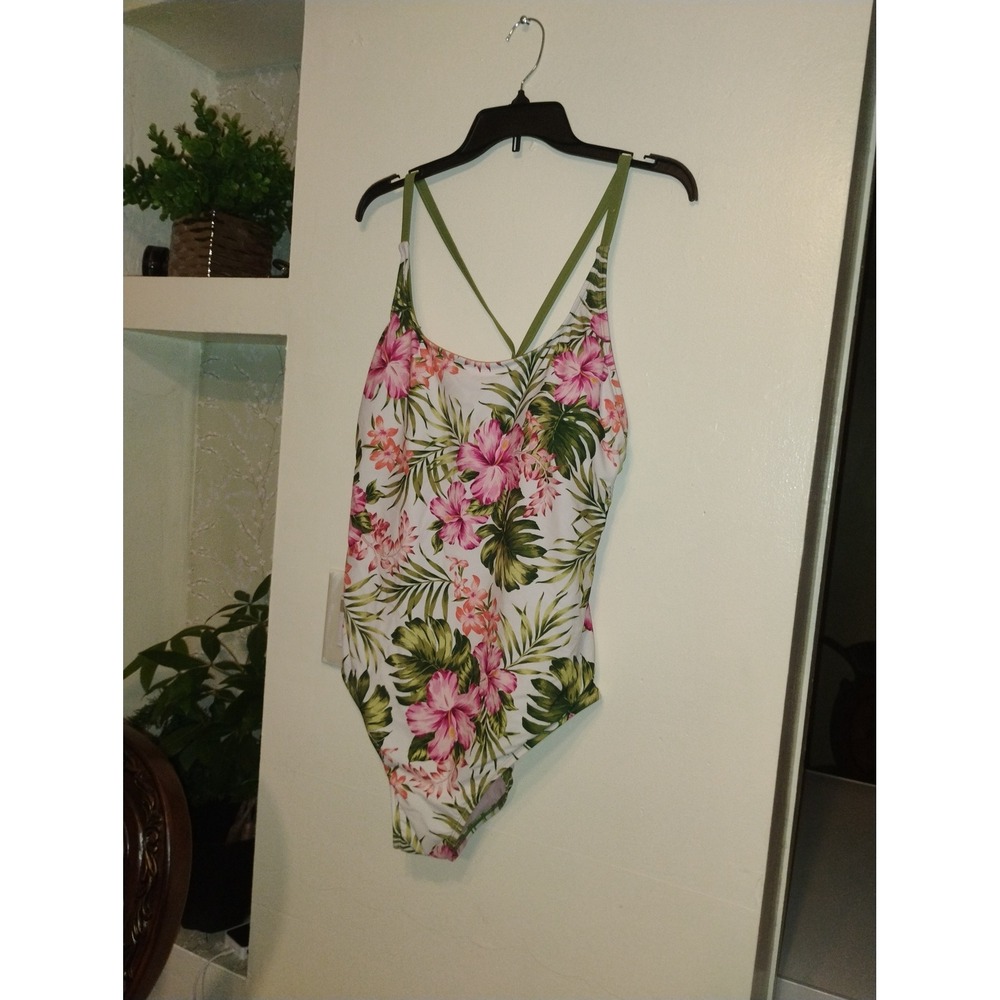 Hurley Womens Tropical Floral One Piece Swimsuit Strappy Back Pink Green XXL